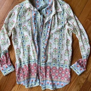 Rose & Olive White Floral Print Button-Up Blouse with Pink and Blue Accents